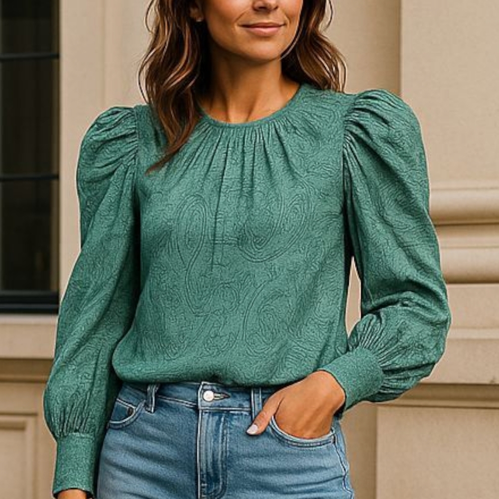 A New Day Blouse Womens S Green Paisley Long Sleeve Cotton Rayon Top Casual